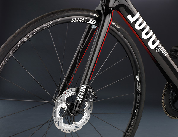 Imposanter Auftritt: Vollcarbongabel mit 15-mm-Steckachse, mit FlatMount und innen verlegter Bremsleitung Imposanter Auftritt: Vollcarbongabel mit 15-mm-Steckachse, mit FlatMount und innen verlegter Bremsleitung
